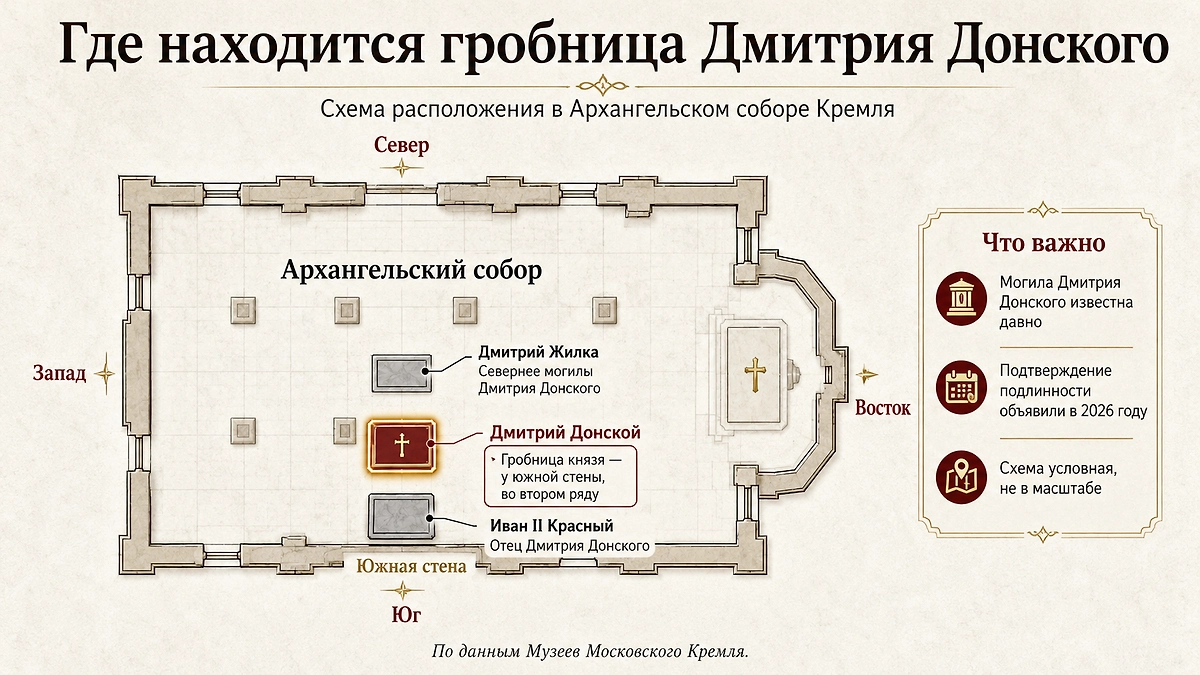 Схема расположения гробницы Дмитрия Донского в Архангельском соборе Московского Кремля. Инфографика © Life.ru по данным Музеев Московского Кремля /&nbsp;life.ru