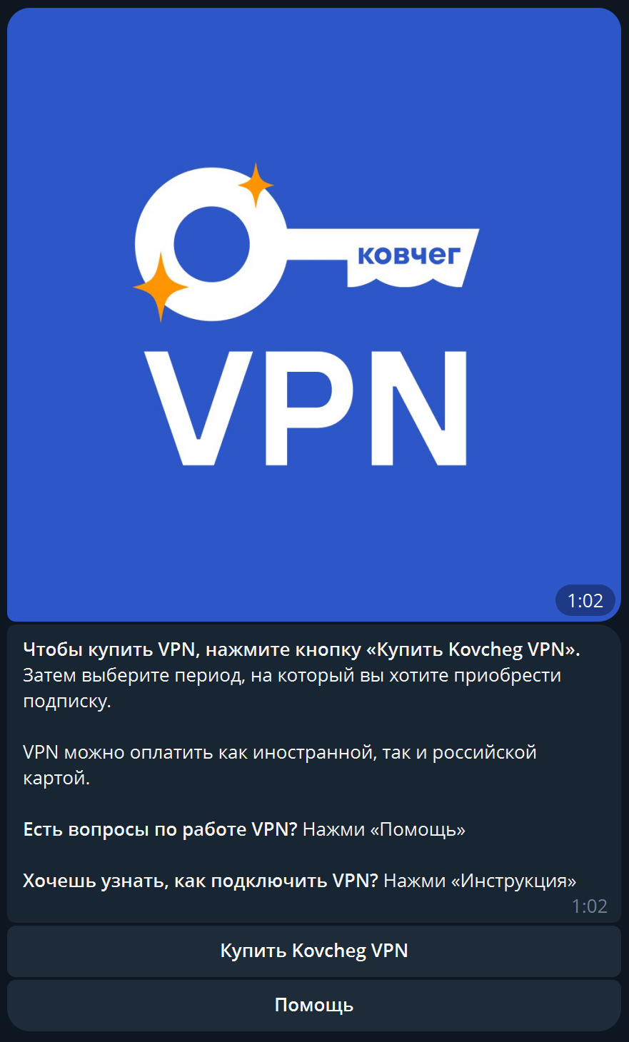 Скриншот телеграм-бота для покупки VPN от «Ковчега»